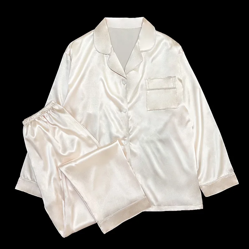 

Новинки весенне-осеннего сезона: Элегантный пижамный комплект из ледяного шелка с длинными рукавами, комфортный и повседневный, свободного кроя, с воротником, для дома и отдыха.