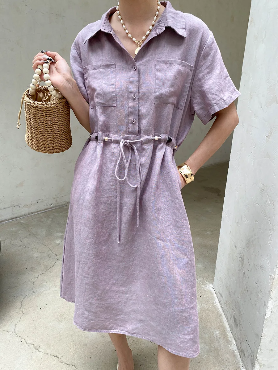Sommerliches Damen-Freizeitkleid in Uni-Farbe mit Perlenbesatz, Kordelzug und tailliertem Schnitt – Detail 37