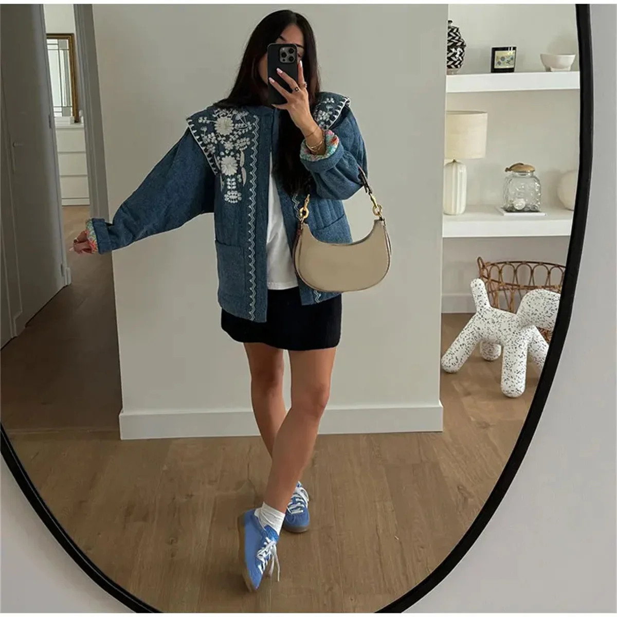 Printed Long Sleeve Padded Jacket Fashion Winter Coat Women 2024 New In Blue Pocket O Neck Jackets Female Warm Street Outerwear