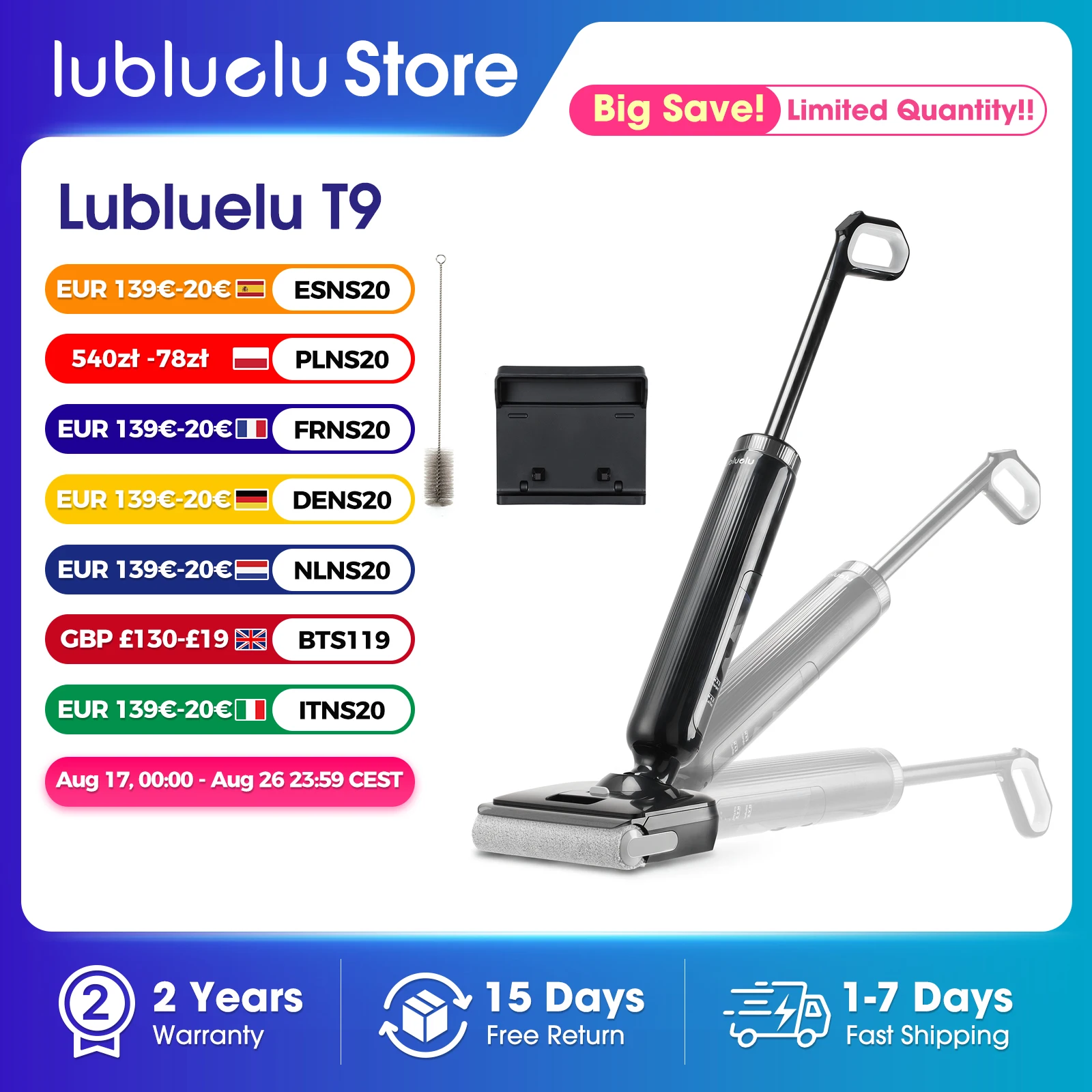 Lubluelu T9 Kabelloser Nass-Trocken-Staubsauger mit Wischfunktion, flach liegend, geräuscharm, schnelles Aufladen, 15000 Pa, 45 Min. Laufzeit, Bodenreiniger für Zuhause