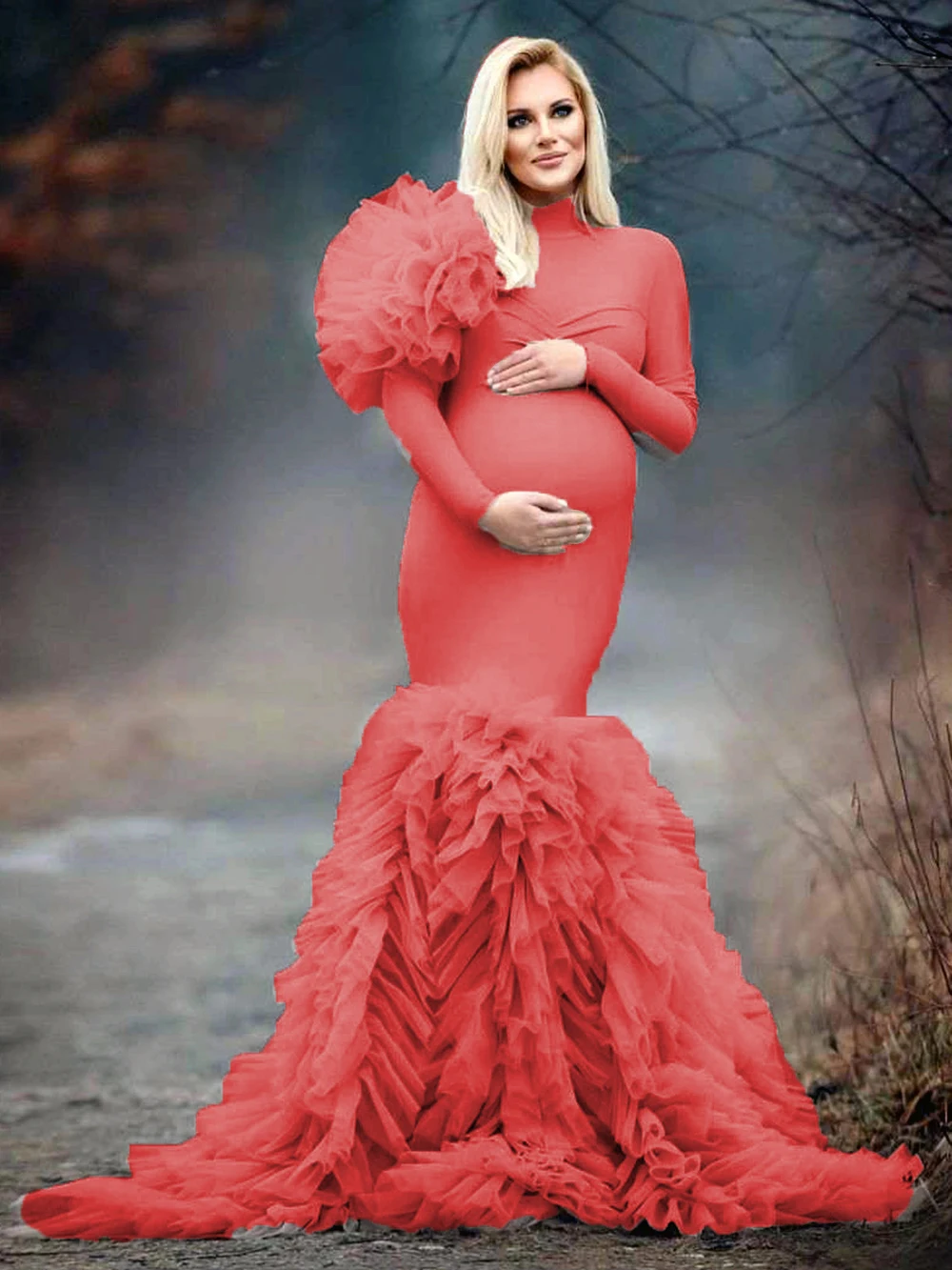 Full Sleeves Tulle Maternity Prom Dresses High Neck Evening Dress Custom Made Photo Lush Ruffles Flowers Celebrity Party Gown