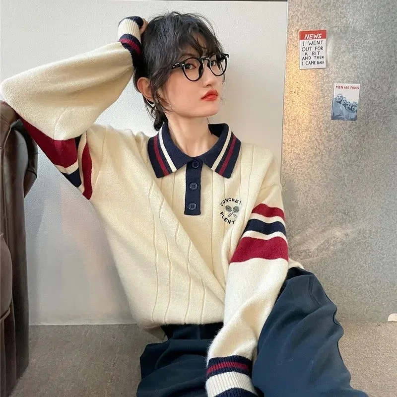 

Autumn winter polo collar Knitting Sweater Women preppy style Color stitching Soft Sweaters Korean Fashion Pullover apricot Tops