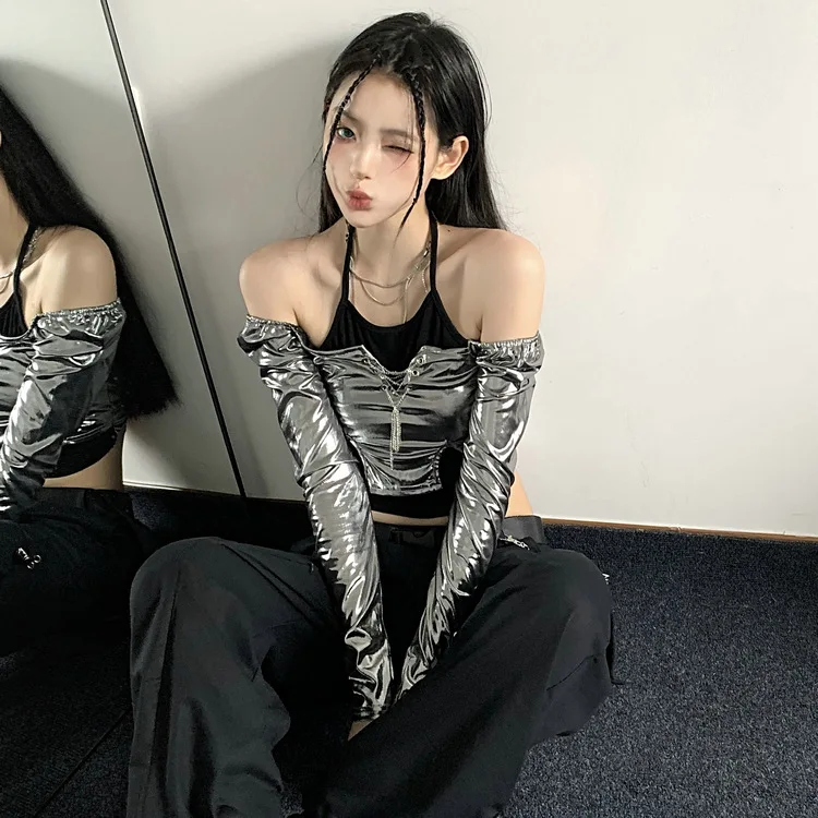 الخريف الأوروبية الأمريكية الجديدة فتاة الفضة الربط طويلة الأكمام الرقبة قاع قميص الرقبة الحمالة وهمية قطعتين أعلى