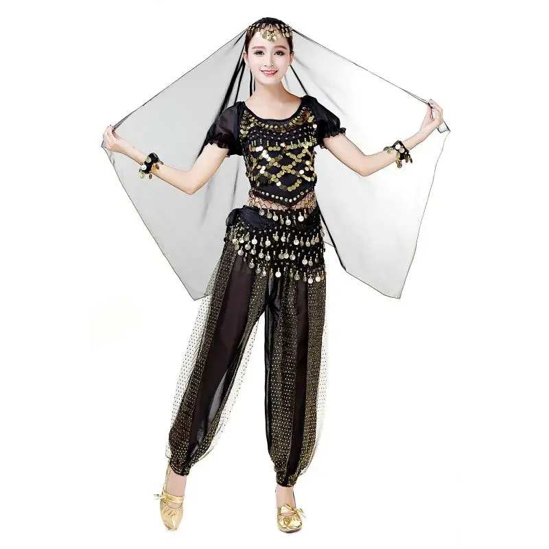 Vrouwelijke buikdans chiffon oefenbroek kostuum ﻿ Dames buikdanssets harembroek lantaarn glanzende pailletten top