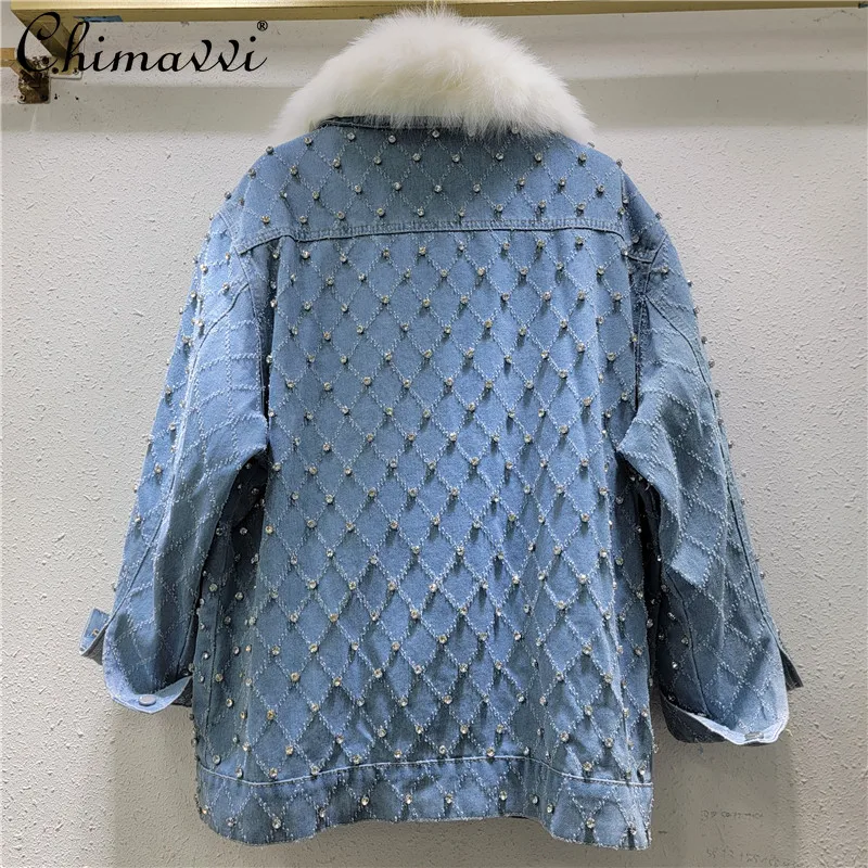 Heavy Diamond Fleece Thickened Denim Cotton Jacket Women's Winter New Fashion Loose Slim Long-sleeved Warm Streetwear Coat Tops