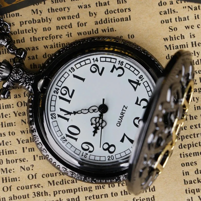 DAD 彫刻クォーツメンズ懐中時計チェーンネックレス付きヴィンテージブラック高品質ヴィンテージ誕生日ギフトお父さんへ