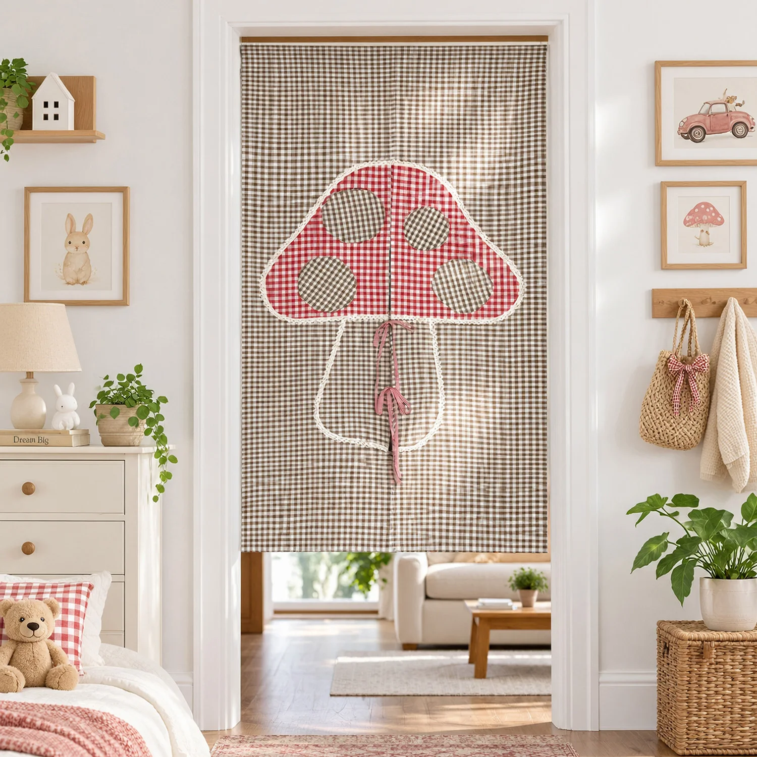 1PC Cute Coffee/Red Lattice Door Curtain, Mushroom Pattern Decoration, for Kitchen, Study, Living Room Partition Home Decor