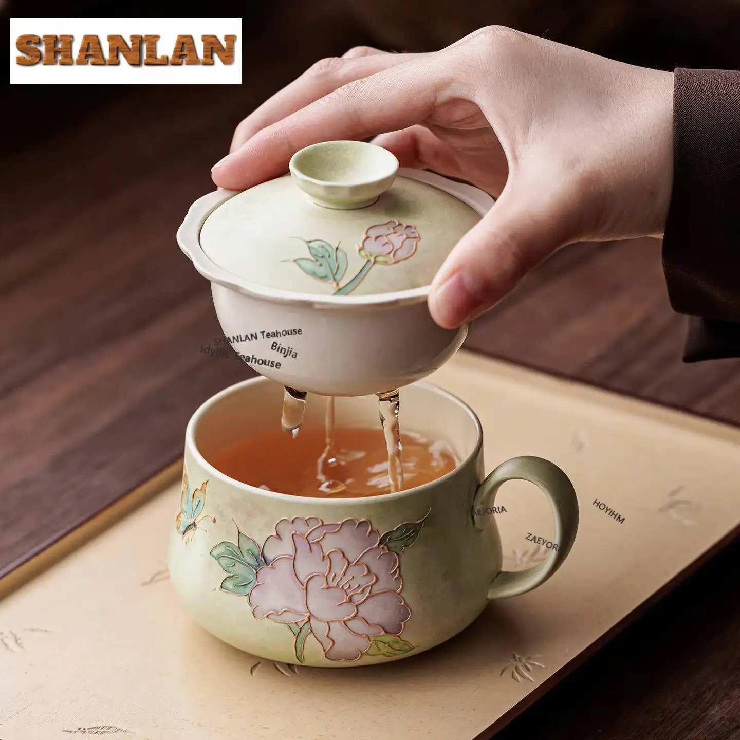 

Hand-painted Peony Butterfly Filter Tea Separator Cup Boutique Tea Mug With Infuser Tea Brewing Office Water Cup Ornaments Gifts