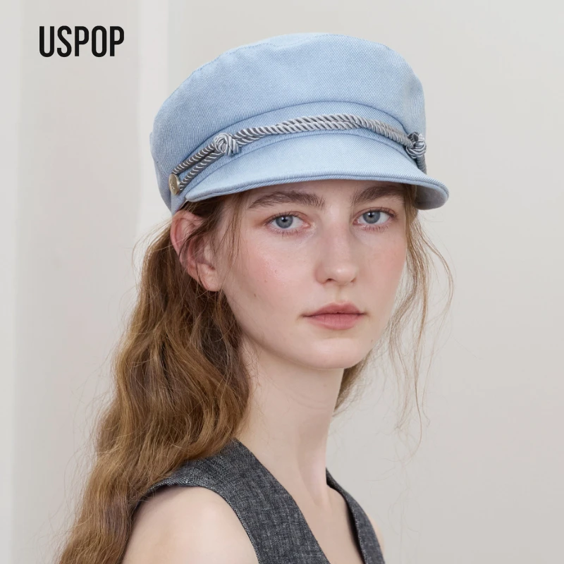 USPOP Women Denim Marine Cap Vintage Sailor Hat French Style Flat Top Newsboy Cap