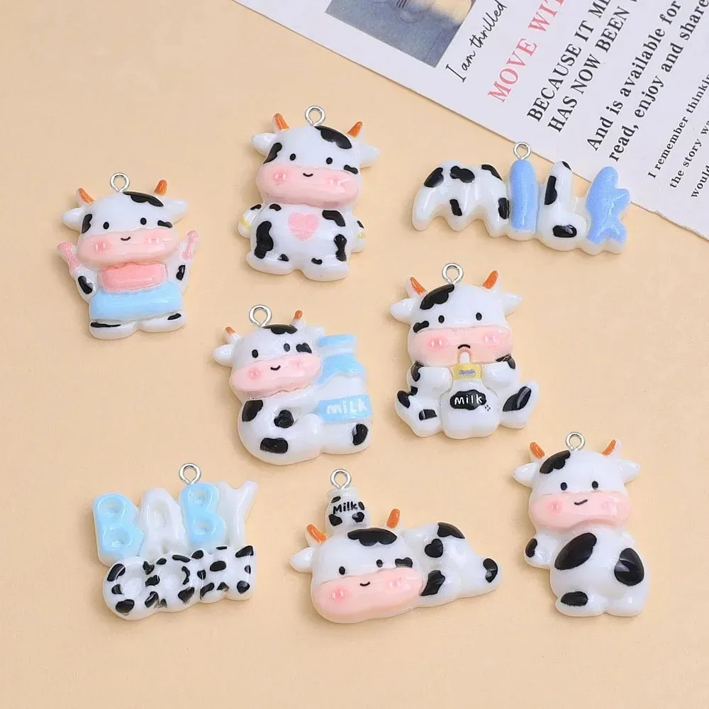 10Pcs Kawaii Cartoon Baby Cow Resin Pendants Lovely Animal Charms DIY Supplies for Necklace Keychain Phone Case Decor