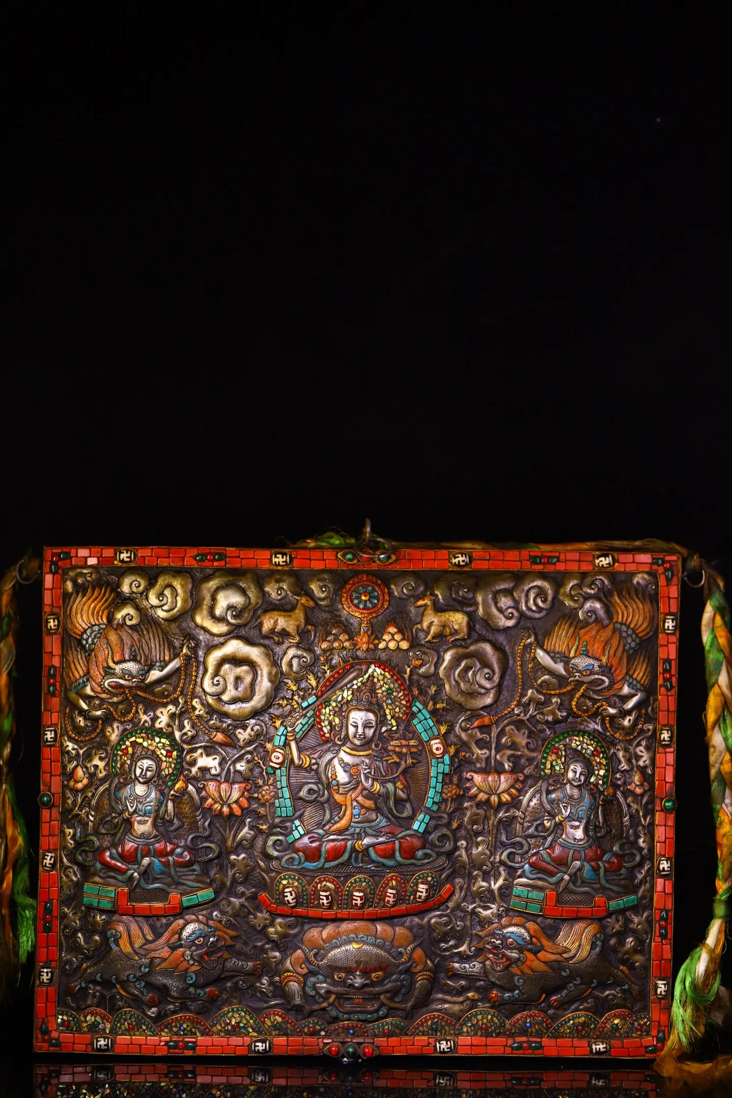 Old Tiantie Cinnabar Mosaic Gem Shell Manjushri Bodhisattva Buddha Statue Worship Hall Wall hanging