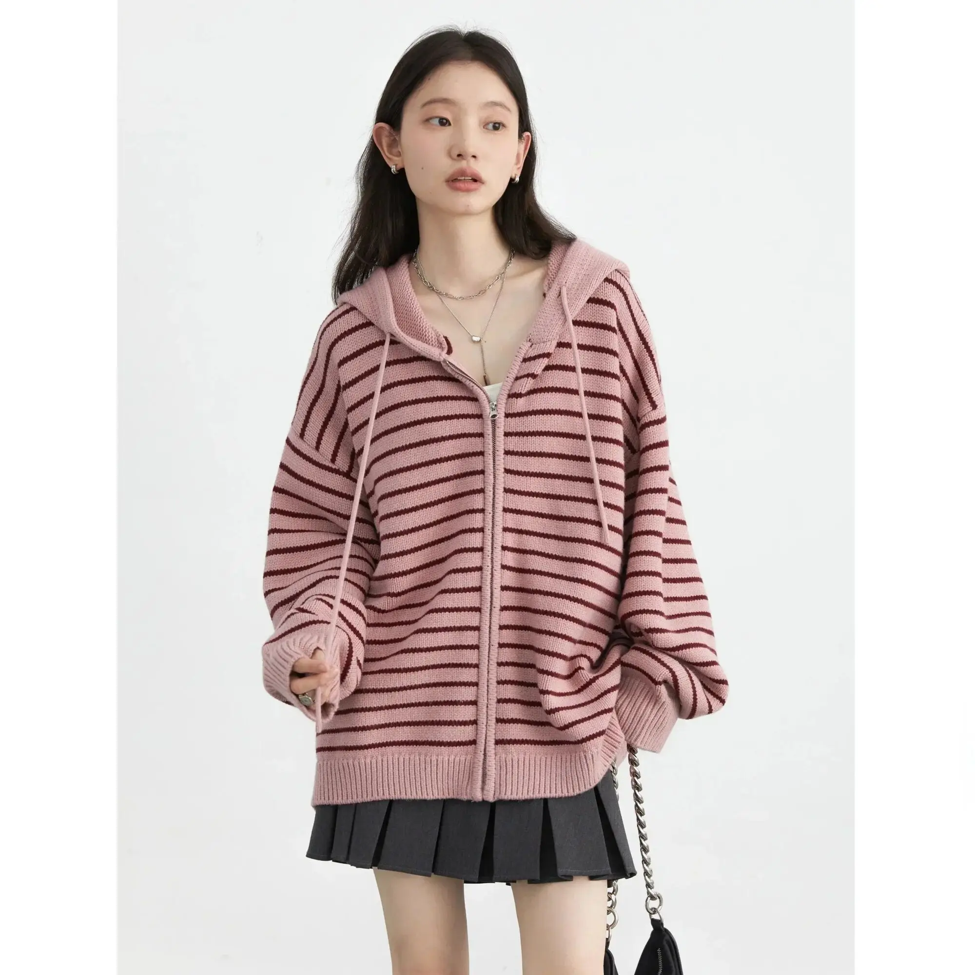 UMI MAO-cárdigan de manga larga para mujer, suéter holgado con capucha y cordón a rayas, jerséis de punto holgados para mujer, Top de otoño y primavera