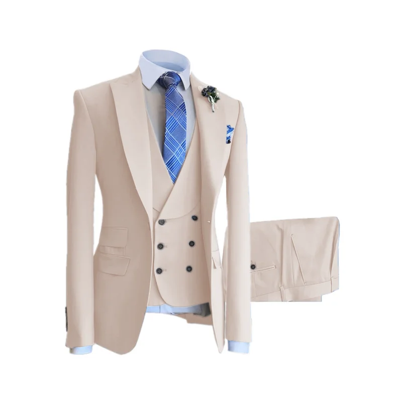 Lansboter Beige Men\'s Suit 3Pcs Solid Color Single Breasted Slim Fitting Business Banquet Wedding Dress Jacket Vest With Pants