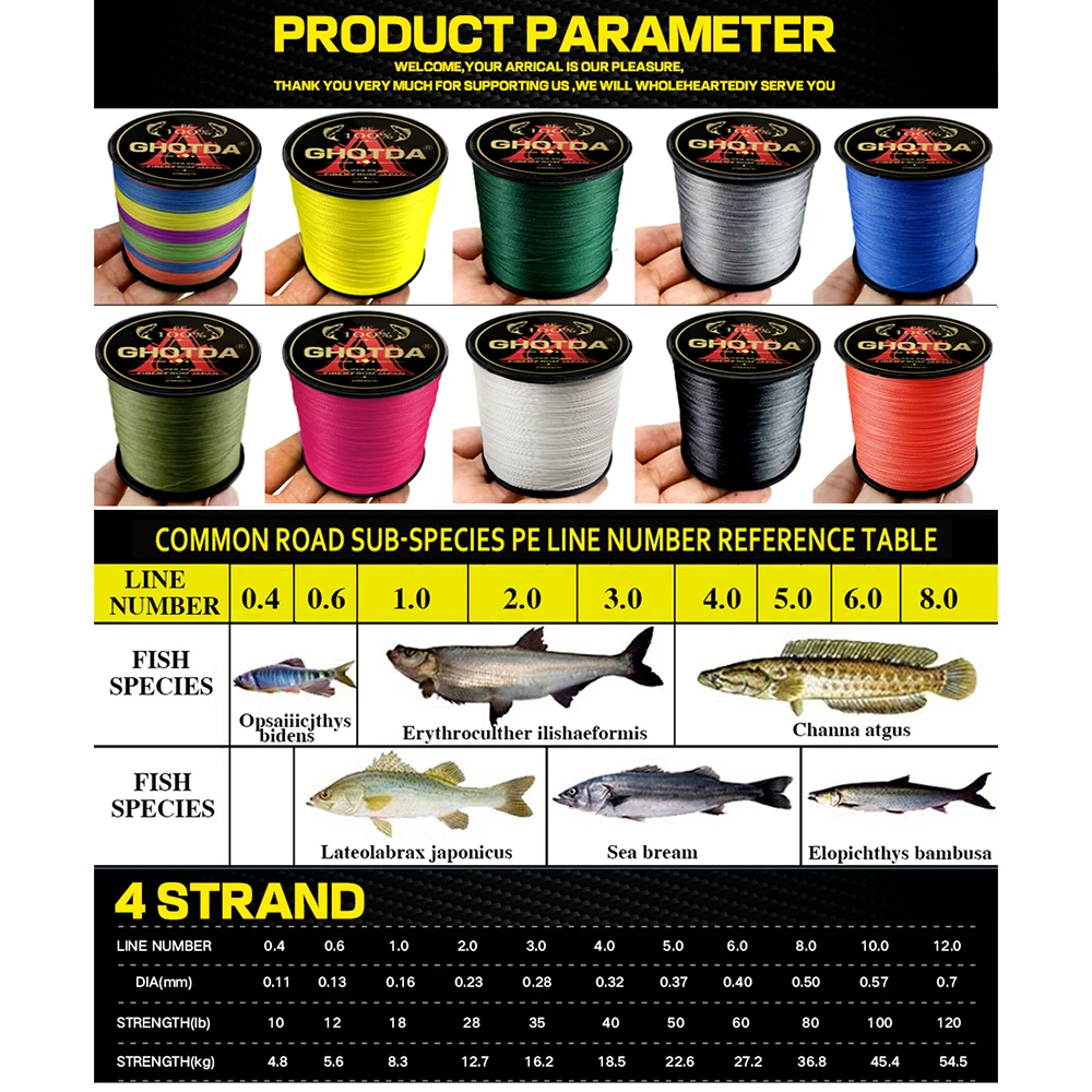 GHOTDA X4 300M 500M 1000M Braided Fishing Line 4 Strands MultiColor Multifilament Saltwater PE Line 10 12 18 28 35 40 50 60 80LB