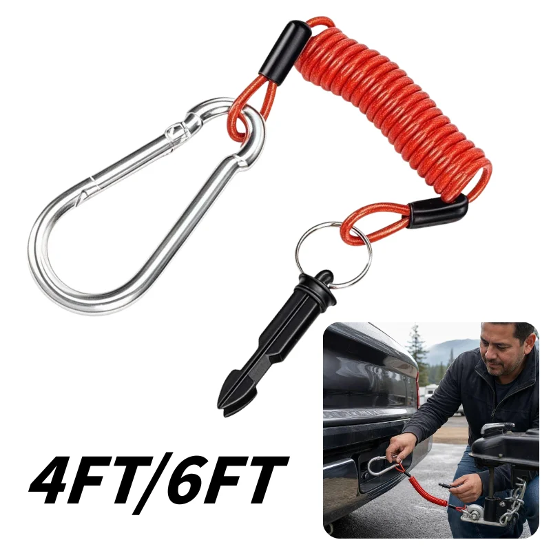 4FT/6FT Durable Coiled Trailer Breakaway Safety Cable Quick Release Carabiner for Camper Boat Trailer Emergency Stop Protection