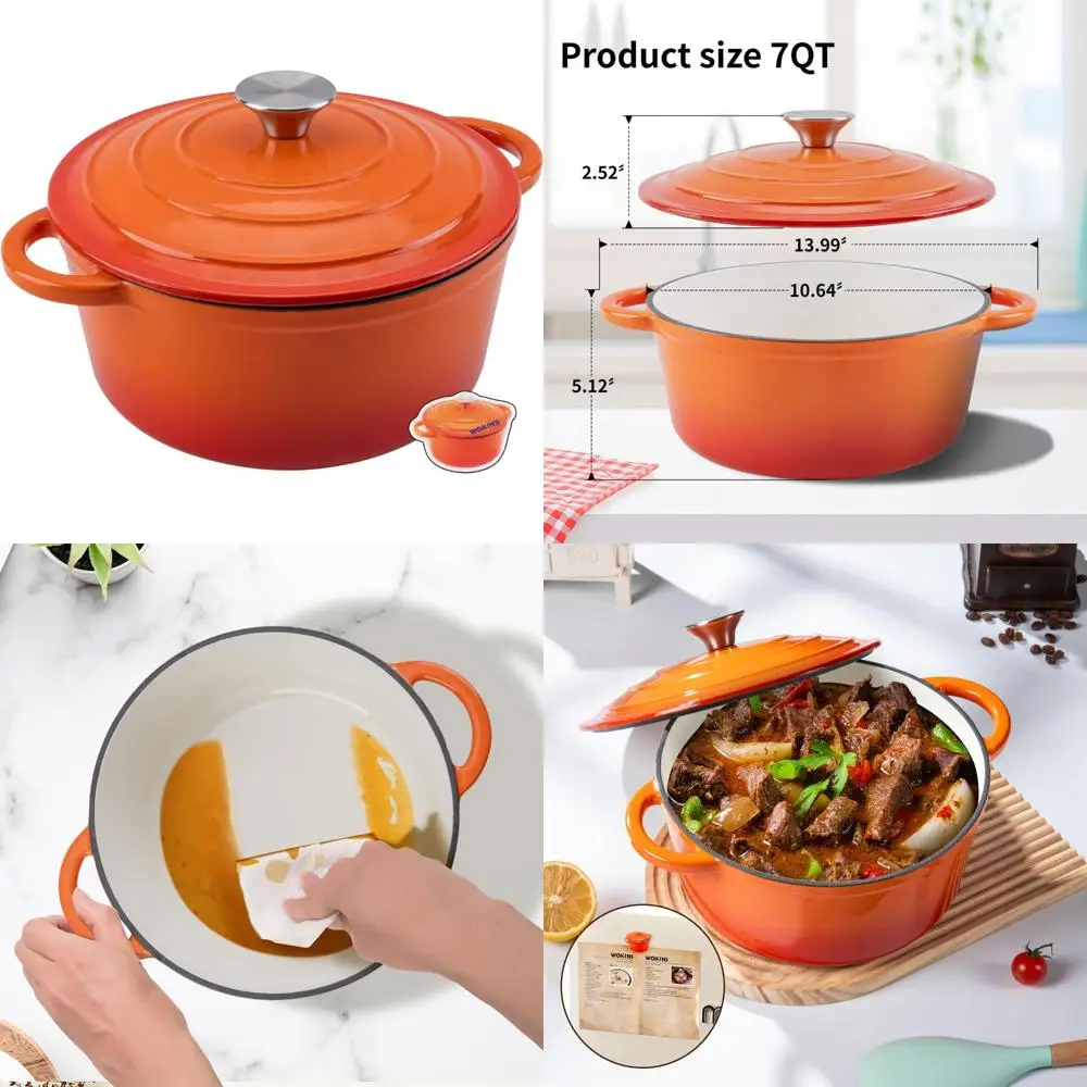 

Heavy-Duty 7 Quart Orange Enamel Cast Iron Dutch Oven Pot with Lid for Bread Baking, Braising, Stews, Roasting and More