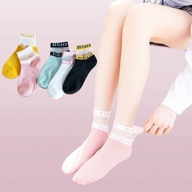 

5/10 Pairs High Quality New Arrival Letter Card Stockings Short Socks Trendy Glass Silk Women's Mid-tube Socks Boat Socks