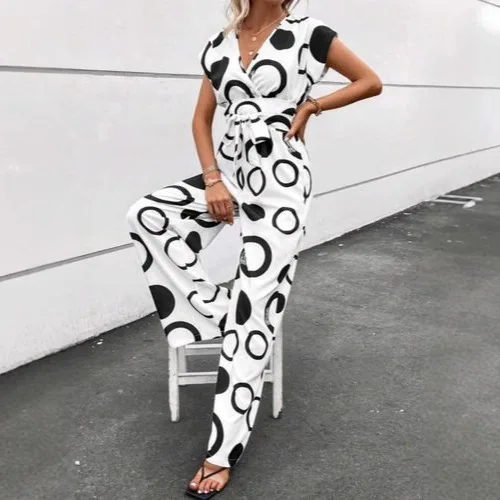 

2025 New Fashion Elegant Casual V-Neck High Waist Printed Wide-Leg Belted Jumpsuit