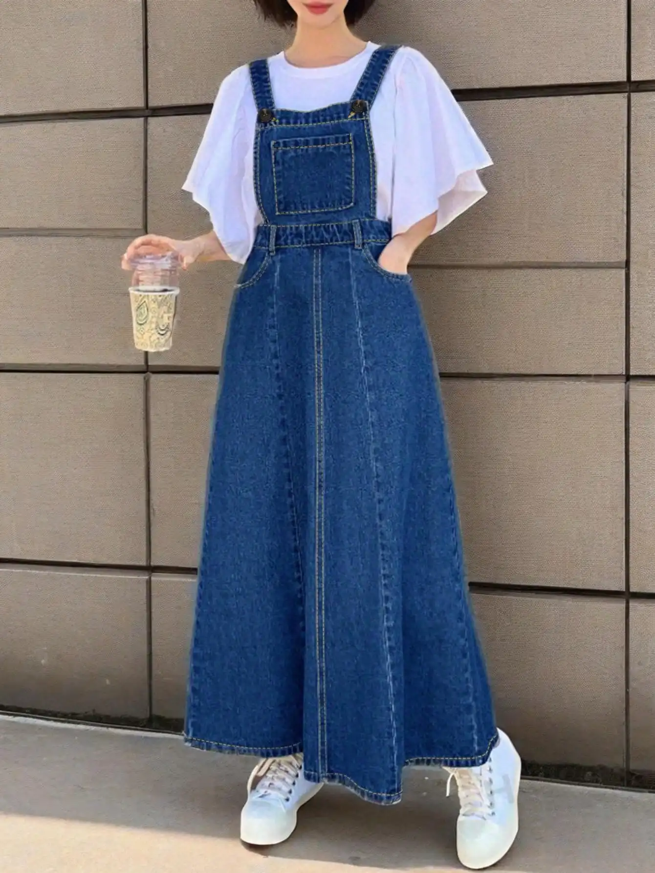

2025 New Arrival Women's Denim Overall Dress blue Casual Summer Style Loose Fit denim skirt High Waisted Long Skirt