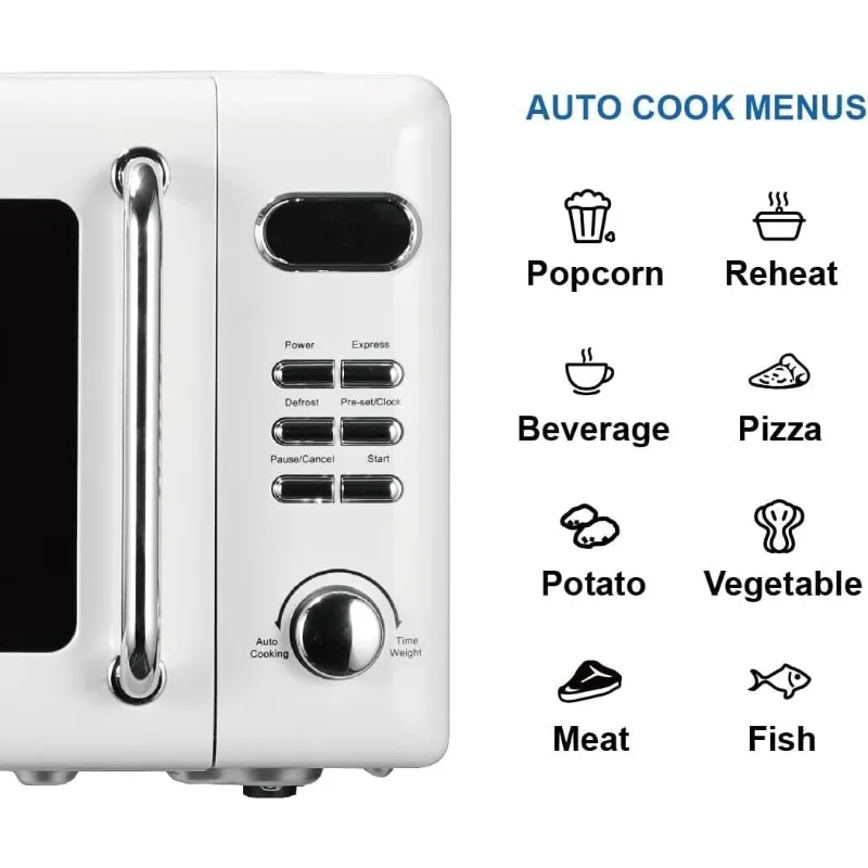 Compact countertop microwave with push button controls, LED display, 5 power levels, glass turntable and child safety lock