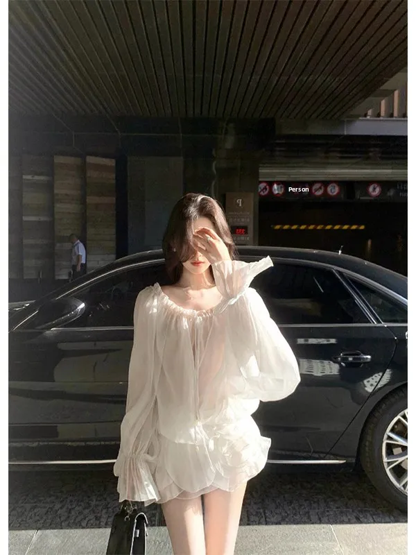 White Sexy One-Shoulder Long-Sleeve Women's Chiffon Top Petal Layered Drawstring Design Casual Loose Fit Spring 2026