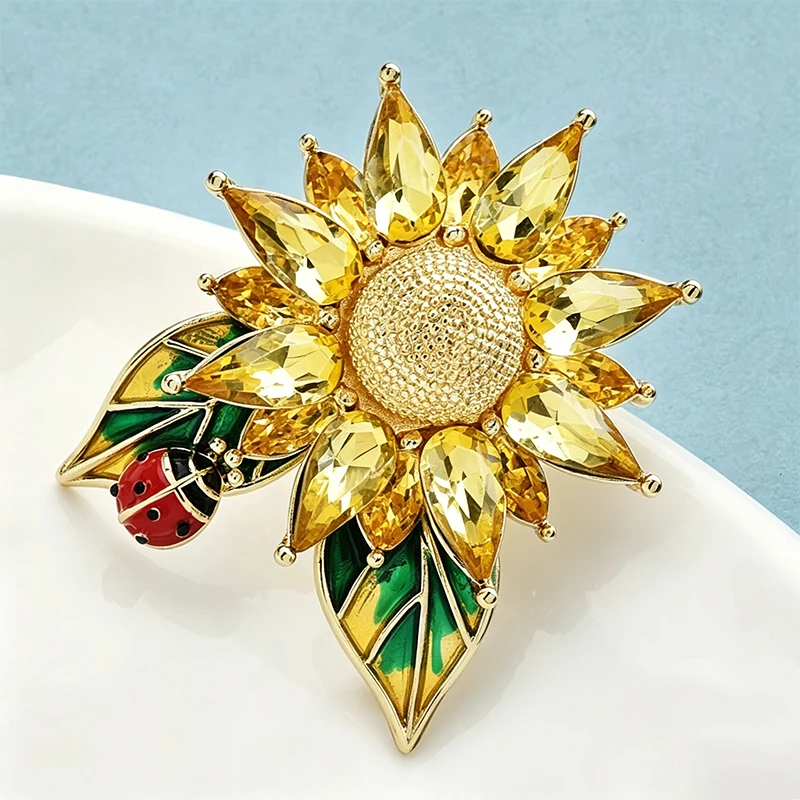 Wuli&baby Crystal Sunflower Brooches For Women Unisex Lovely Ladybug And Flower Office Party Brooch Pin Gifts view 3