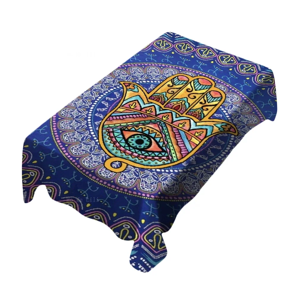 Psychedelic Art Mandala Hamsa Hand Eye Hippie Hindu Spiritual Floral Rectangular Tablecloth By Ho Me Lili For Tabletop Decor