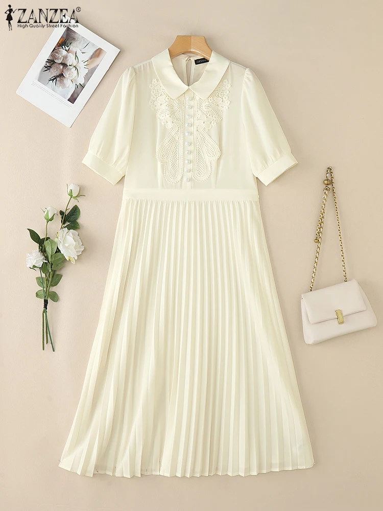 ZANZEA 짧은 퍼프 슬리브 Pleated 파티 드레스 턴 다운 칼라 빈티지 레이스 패치 워크 우아한 가운 Femme Women Midi Vestidos