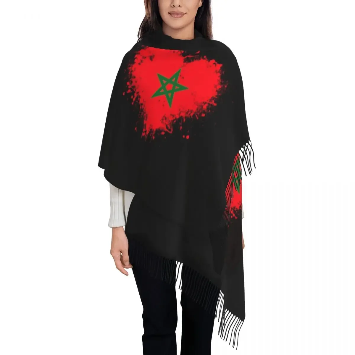 Morocco Flag Heart Scarf Women Stylish Winter Shawl Wraps Moorish Moroccan Patriotic Tassel 