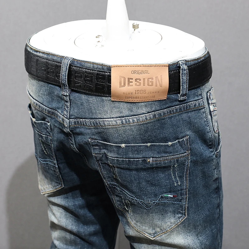 Italian Style Fashion Men Jeans Retro Washed Blue Stretch Slim Fit Ripped Jeans Men Trousers Vintage Designer Denim Pants Hombre