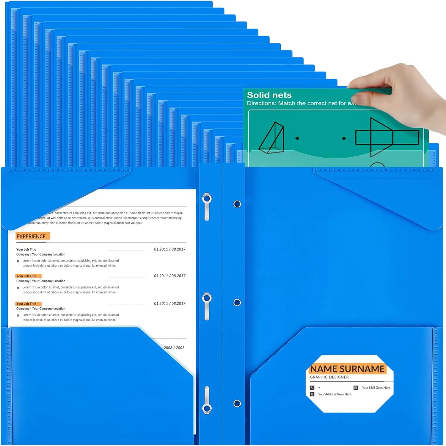 

72 Pack Plastic Folders with Clear Front Pocket, 3 Prongs, Card Slot for School Office (Blue)
