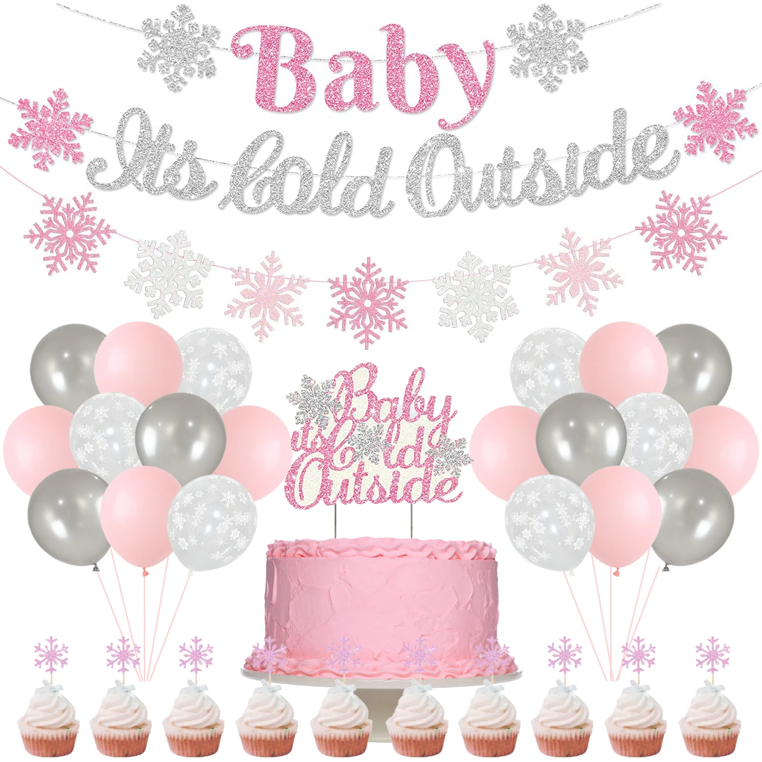 Sursurprise-Pink Snowflake Balloons for Girl, Baby Shower Decorations, Banner, Cake Topper, Winter