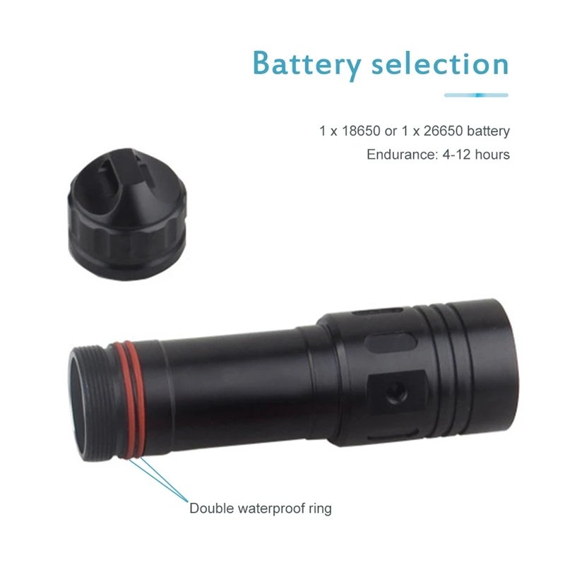 18650 26650 배터리로 구동되는 LED 다이빙 손전등, 스쿠버 다이빙 수중 캠핑 랜턴, 토치 램프, 무단 조광