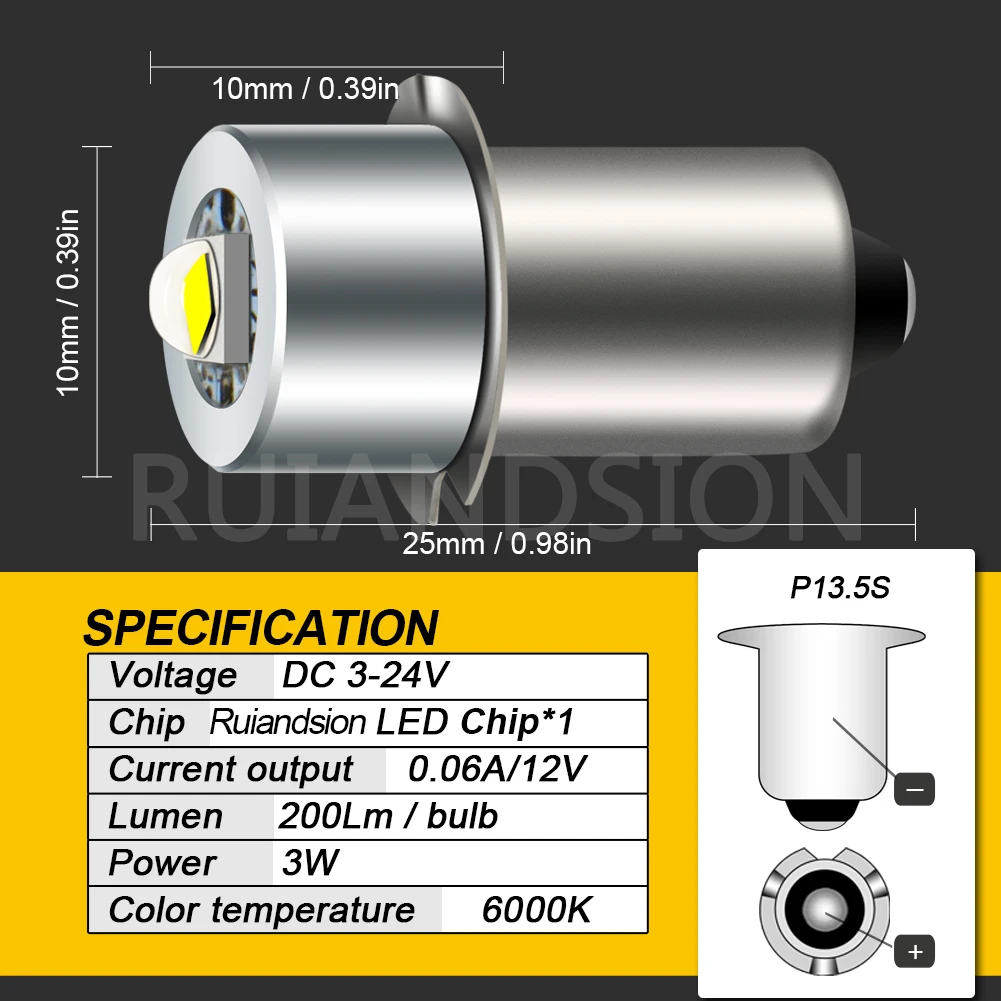 RUIANDSION 1 Upgrade P13.5S DC 3V 6V 4.5V 2-4 Units Aluminum Alloy Replacement Maglite Bulb Flashlight Work Light view 6