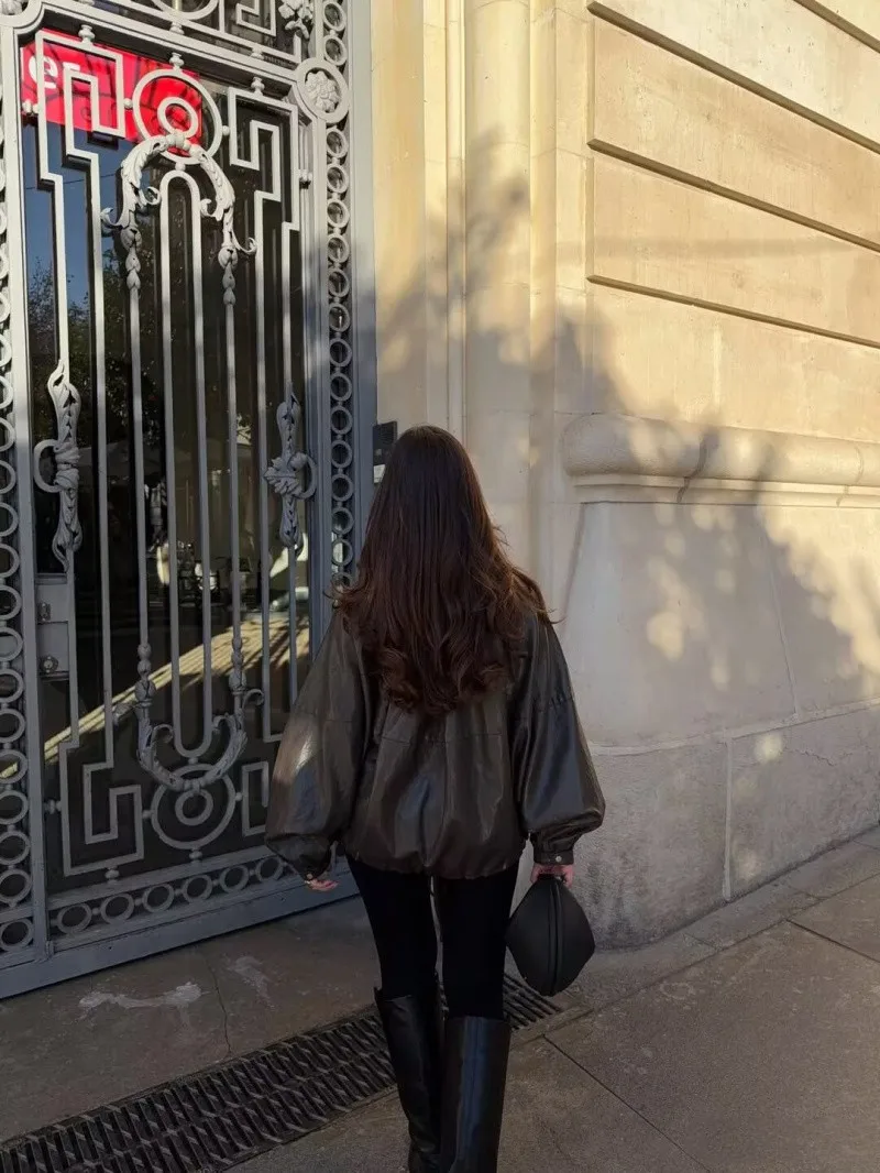 Nouvelle collection printemps 2026 ETJ pour femme - Blouson aviateur en cuir à col montant, coupe ample, style rétro et tendance, pour un look décontracté