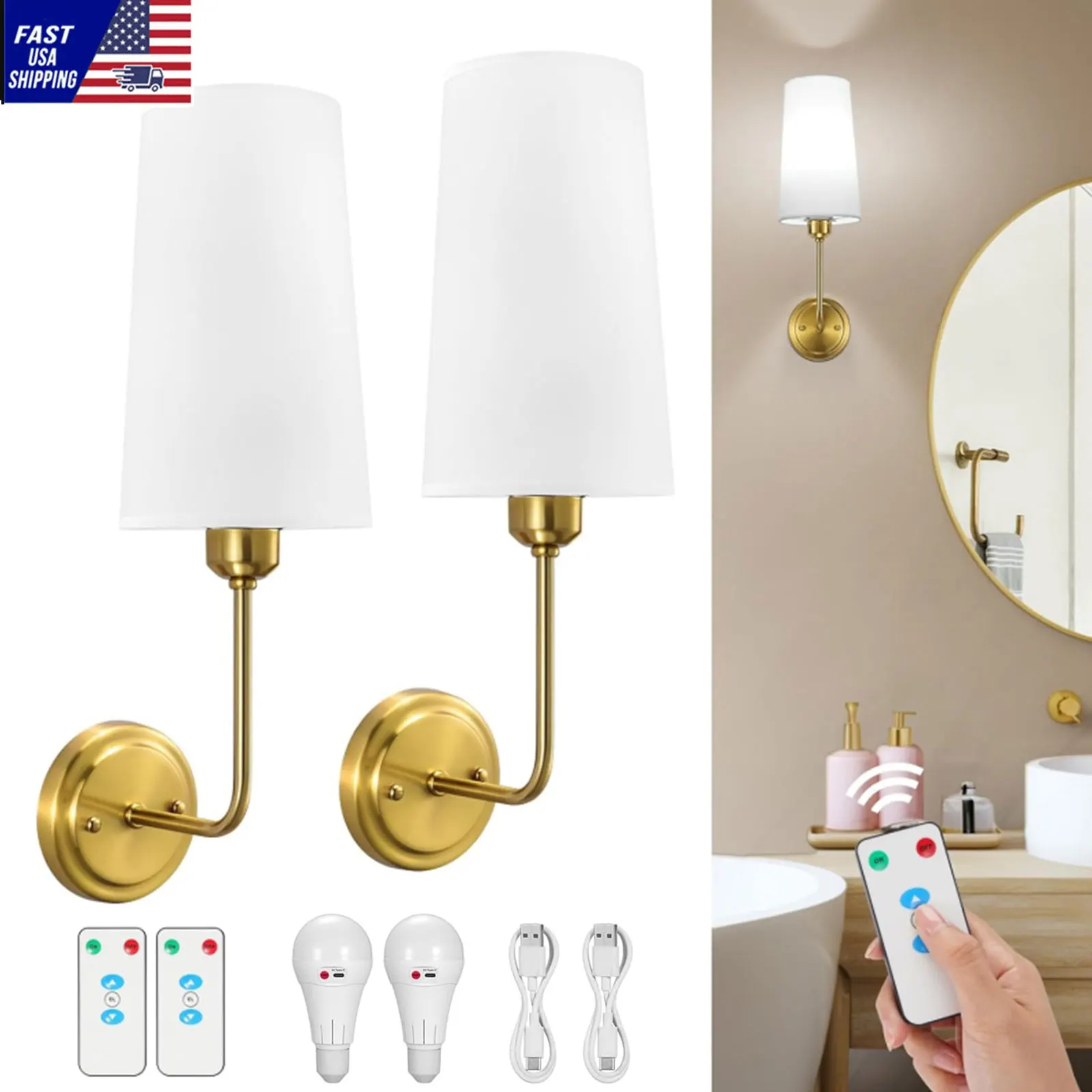 Nooknova 2 Pack Battery Operated Wall Sconces with Remote With Bulbs No Wiring Required Wall Light Wireless Wall Lamp