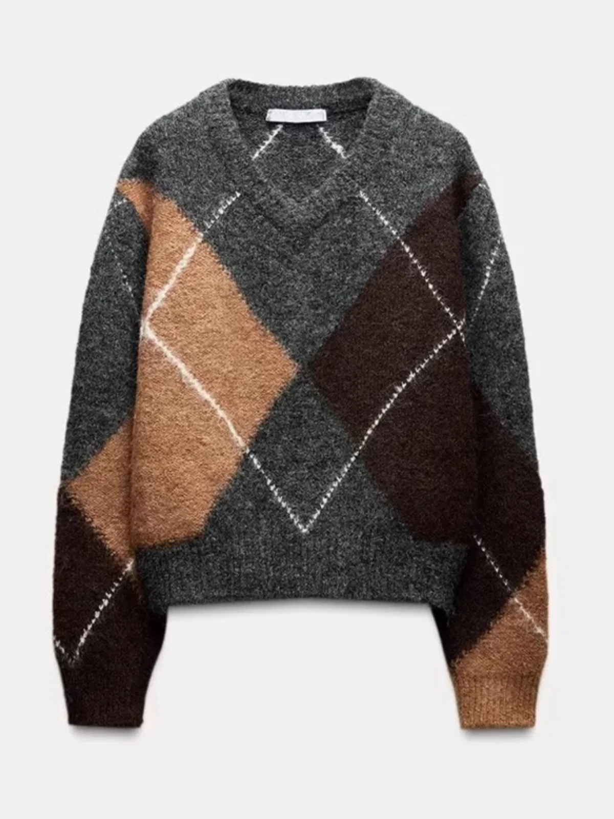 Autumn Winter New Arrival Women's Lazy Sle Patchwork Color Blo Print V-Ne Long Sve Knitted Sweater Casual Comfortable