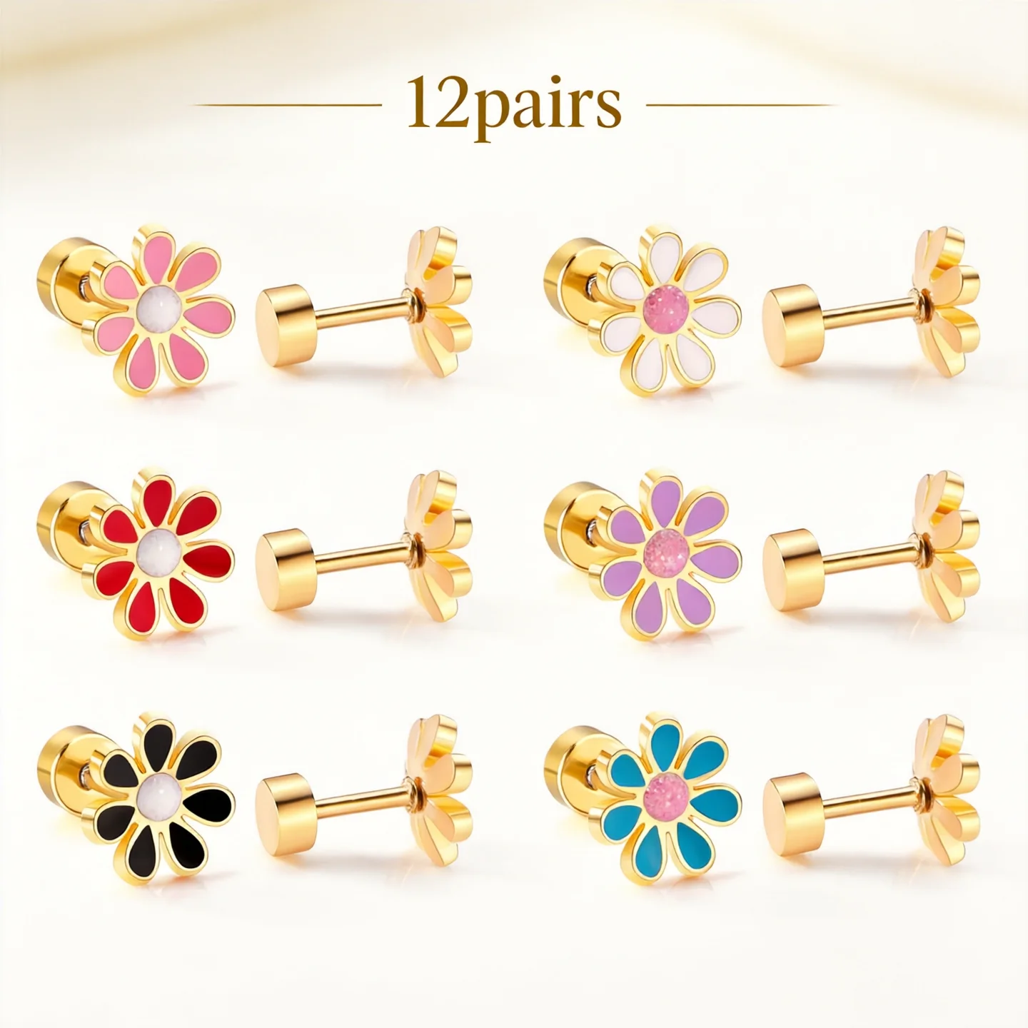 12Pair/Box Flower Daisy Stainless Steel Stud Earrings With Glitter Trendy Cute Hypoallergenic Casual Earrings Jewelry Gift 2024