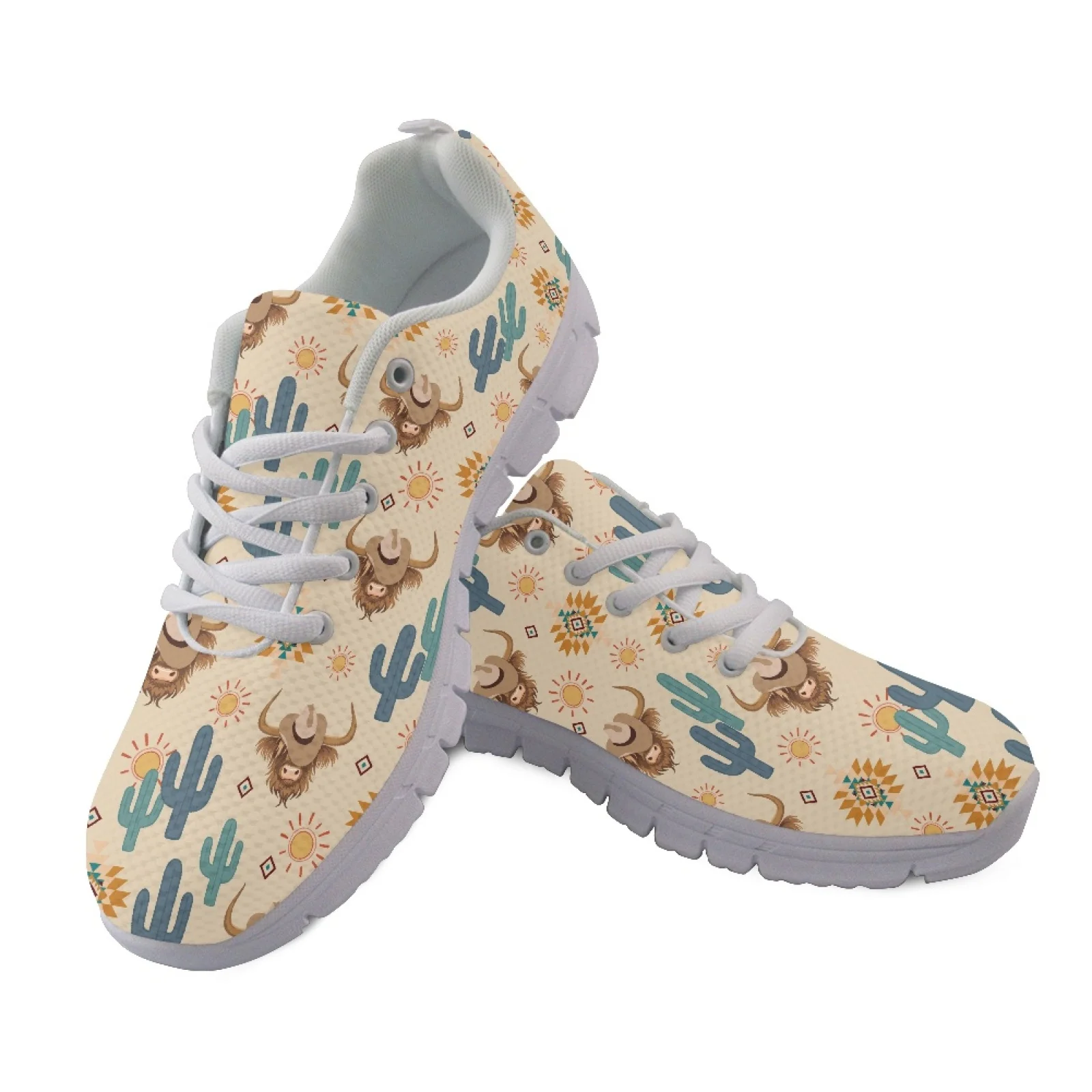 Coloranimal Desert Cow Cactus Tennis Shoes Jogging Shoes for Women Breathable Athletic Sport Shoes