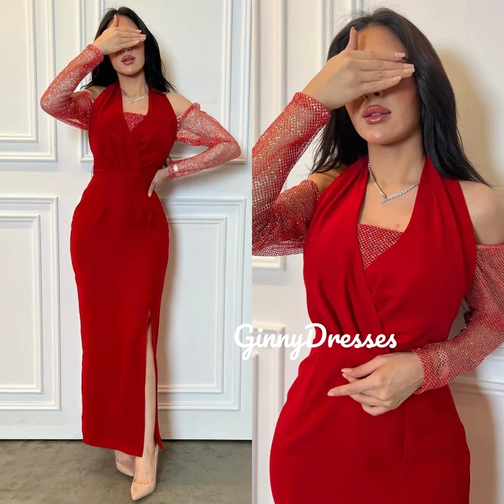 

Роскошные вечерние платья на заказ, элегантные платья с лямкой на шее и рюшами для женщин, платья длиной до пола с разрезом для выпускного вечера на молнии