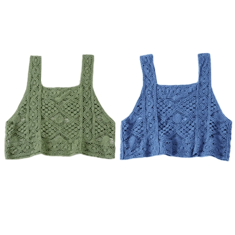 31BF Women Sleeveless Crop for Tank Top Hollow Crochet Knit Floral Square Neck Camiso