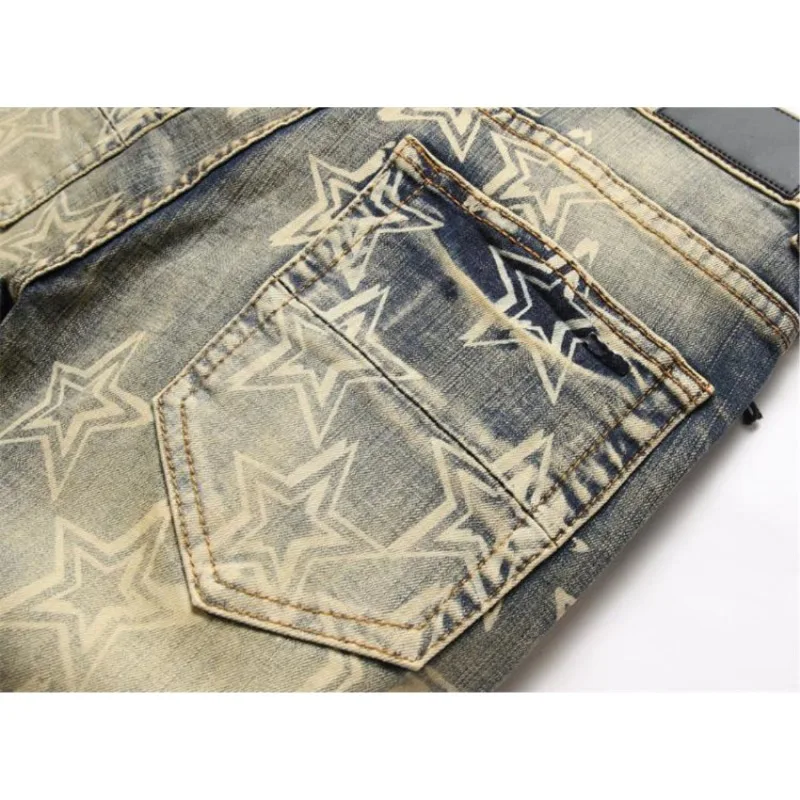 Men's Clothing Retro Nostalgic Knee Ripped Print Jeans Trendy Brand Distinctive Elastic Slim Fit Small Feet Baggy Jeans