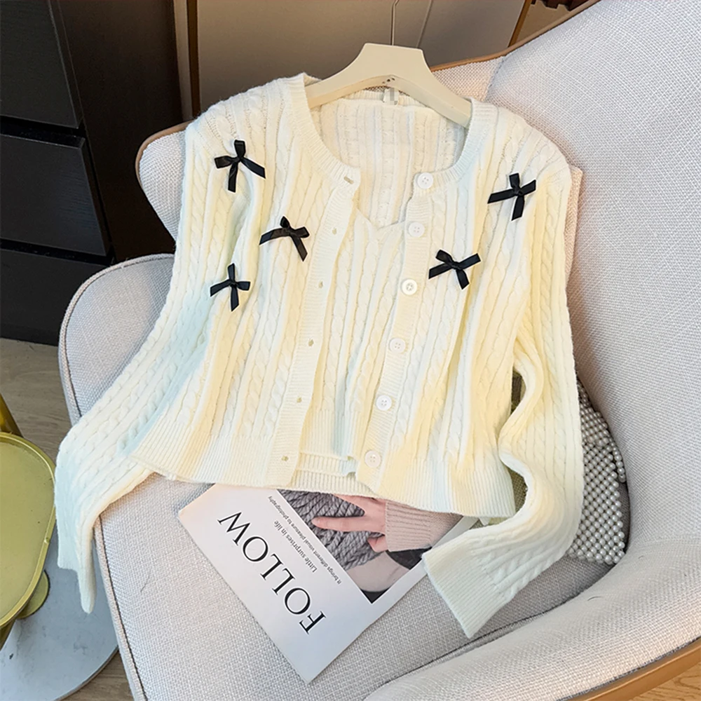 

Bow Decorated Cardigan and Camisole Set Single Row Button Long Sleeve Top Sweet Style Knit Sweater Set Womens Clothing