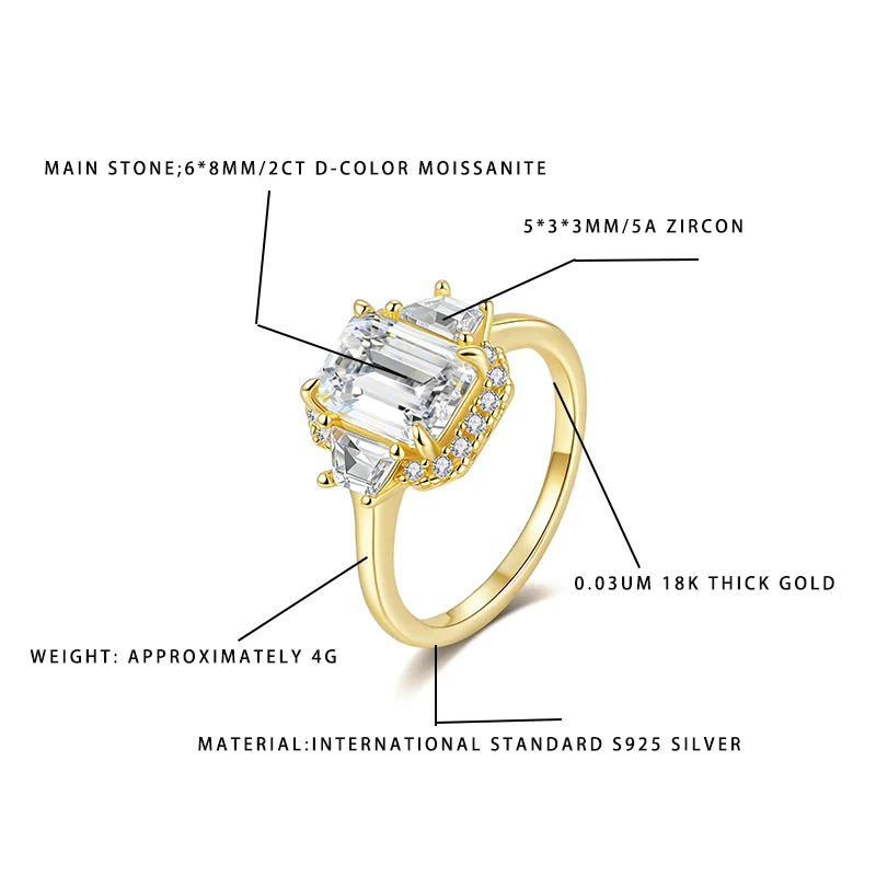 

Кольцо с муассанитом D-цвета, 2 карата, изумрудной огранки, стерлинговое серебро 925 пробы, позолоченное 18-каратное циркониевое обручальное кольцо с акцентом для вечеринок для женщин