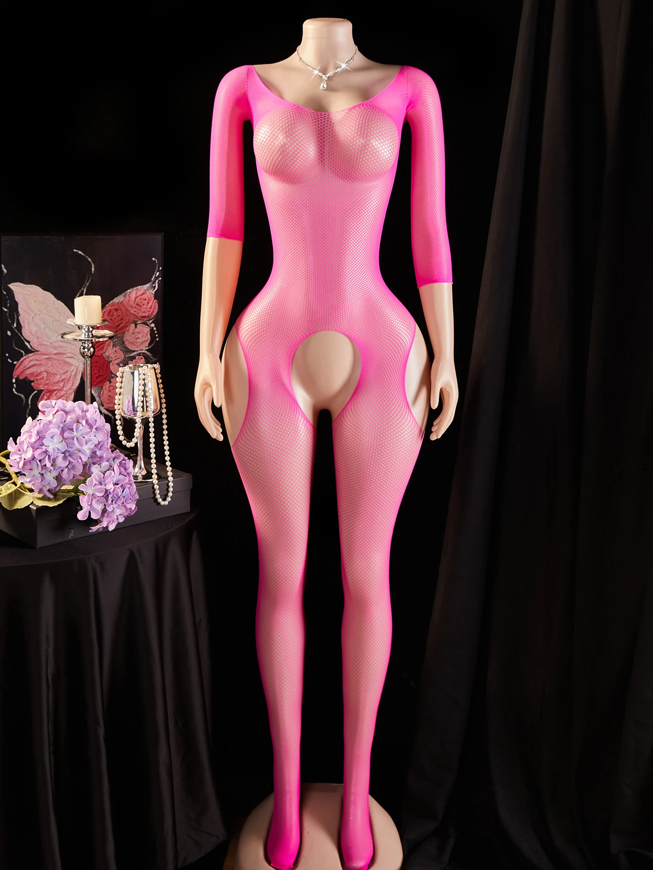 Mesh Erotic Crotchless Lingerie One Piece Fishnet Stockings Bodysuit Transparent Open Crotch Bodystocking Rose Seductive Fetish