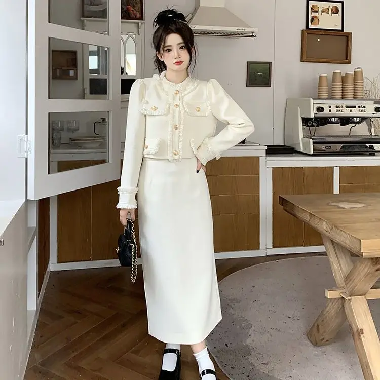 Luxury Dress Two-piece Set Autumn Winter New French Elegant Long Coat + Skirt Two-piece Women Female Office Lady Set Hot Sale