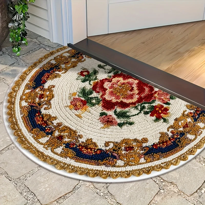 Dark Blue Cut Pomegranate Fruit Gold Branches Doormat For Artistic Home Entrance Traditional Blessing Design