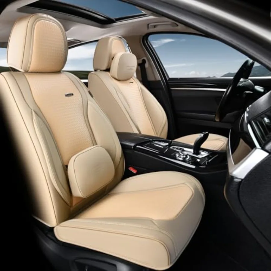 

Front Seat Covers Waterproof Nappa Leather Car Seat Covers Beige with Lumbar Head Pillow Universal Fit for Most Cars