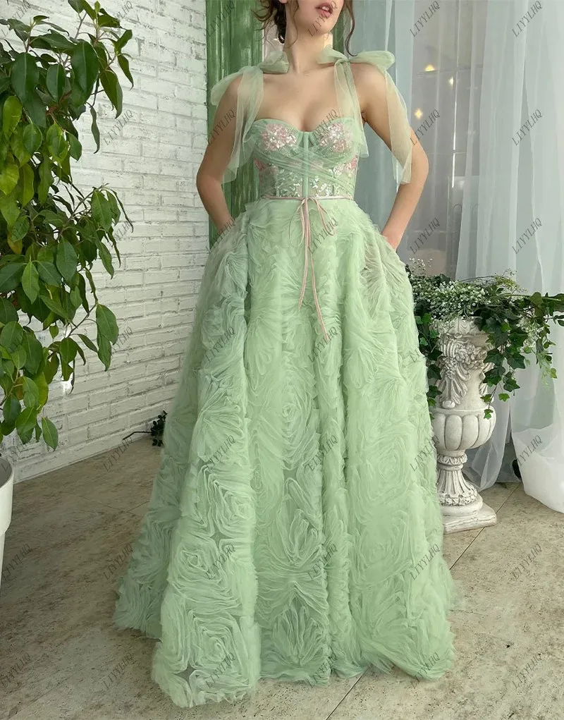 

LIYYLHQ Modern Fairy Prom Dresses A-Line Mint Green Tulle With Pockets Spaghetti Straps Bow Party Formal Evening Gowns Vestidos