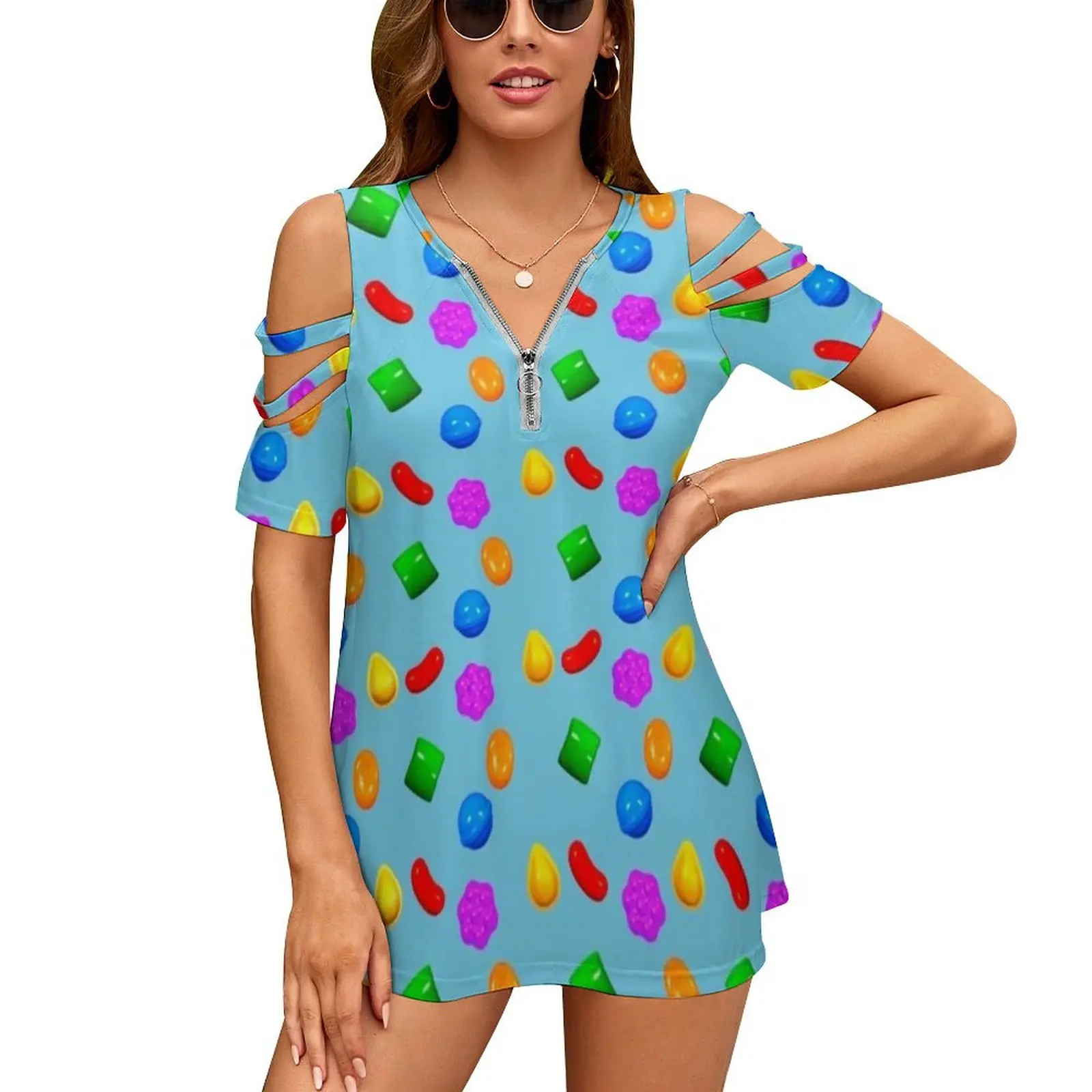 Gotta esmagar alguns doces esmagamento nova moda zip fora do ombro topo de manga curta camisa feminina doces esmagamento saga app jogos